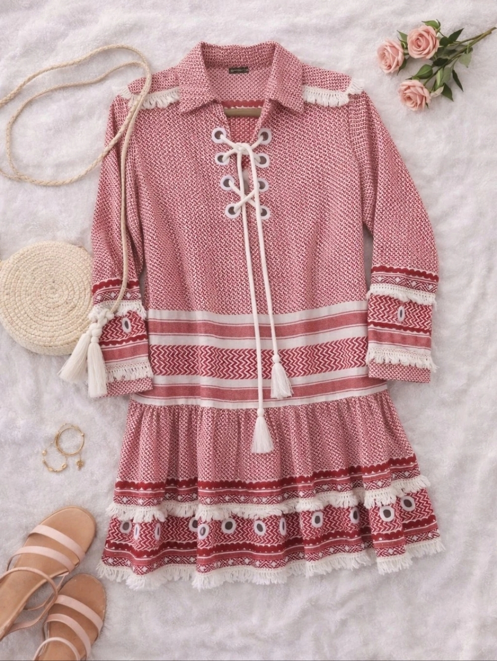 DODO BAR OR Gadielle Red/white Tasseled Woven Mini Dress. Unique. Sz Large